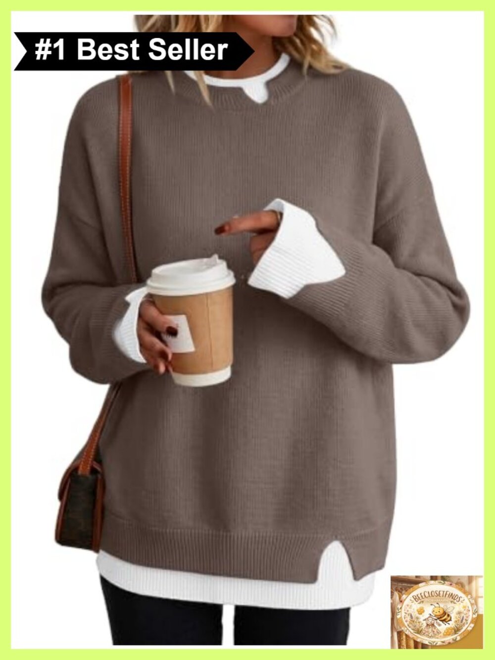 Oversized Patchwork Sweater Slit Cuff Crew Neck Pullover